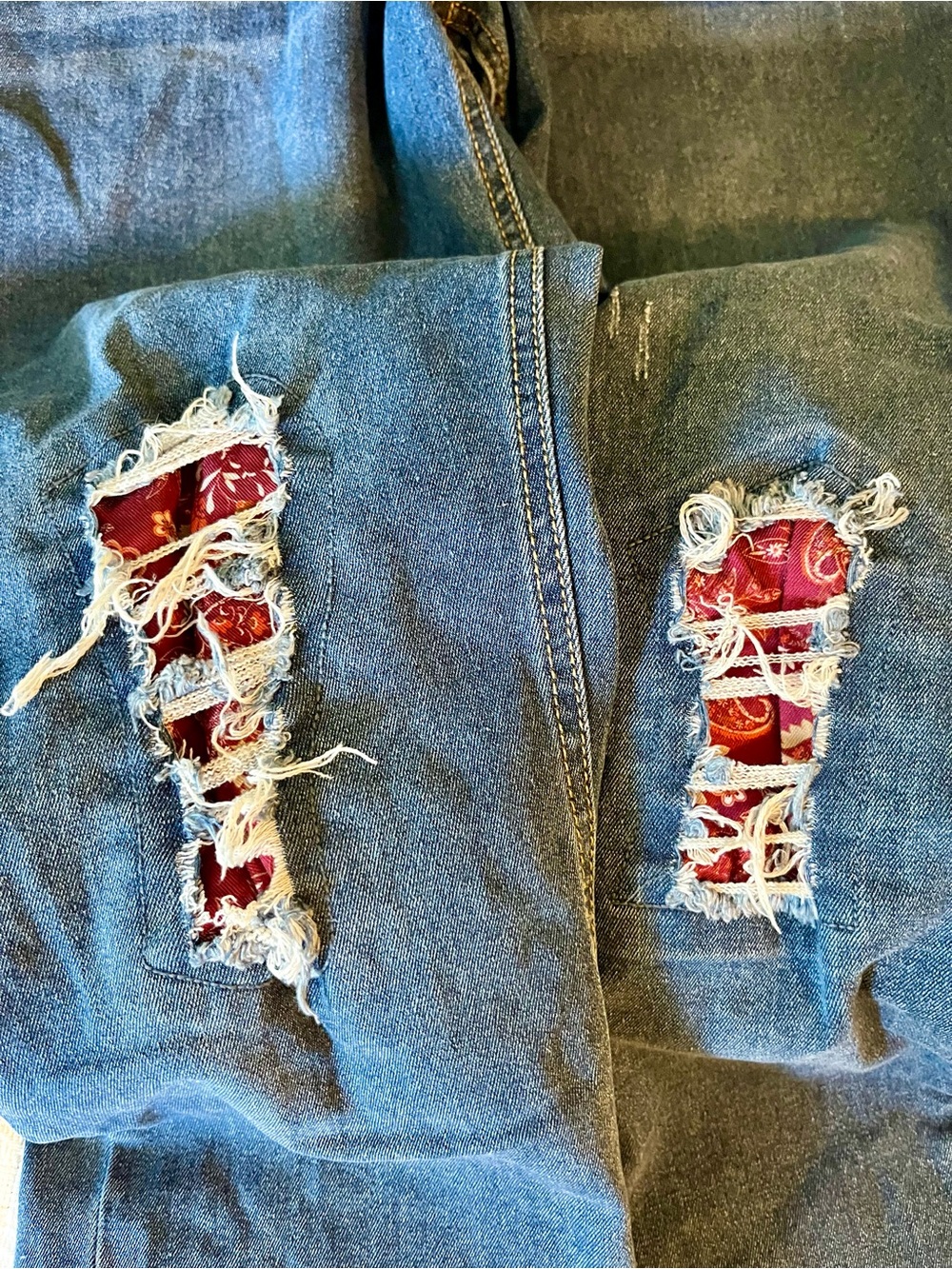 Distressed Dark Blue Jeans with Red Paisley Patches by C Est. 1946, Stretchy - Picture 14 of 15